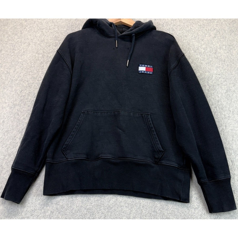 Tommy Jeans Mens Badge Hoodie Black Logo Kangaroo Pocket Drawstring Pullover S